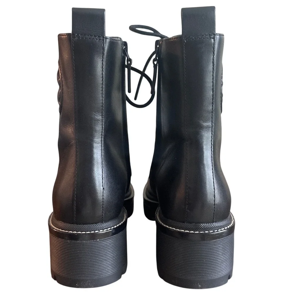 Tory Burch Miller 50mm Black Leather Lug Sole Combat Boots Size 8